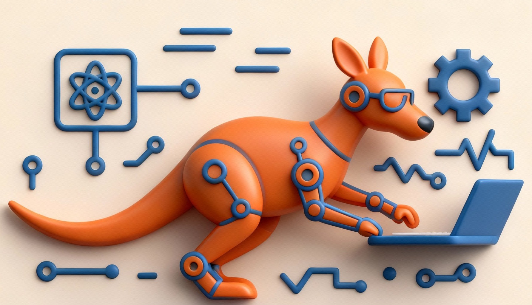 KETL — a robot kangaroo at a laptop, surrounded by circuits, gears and atoms